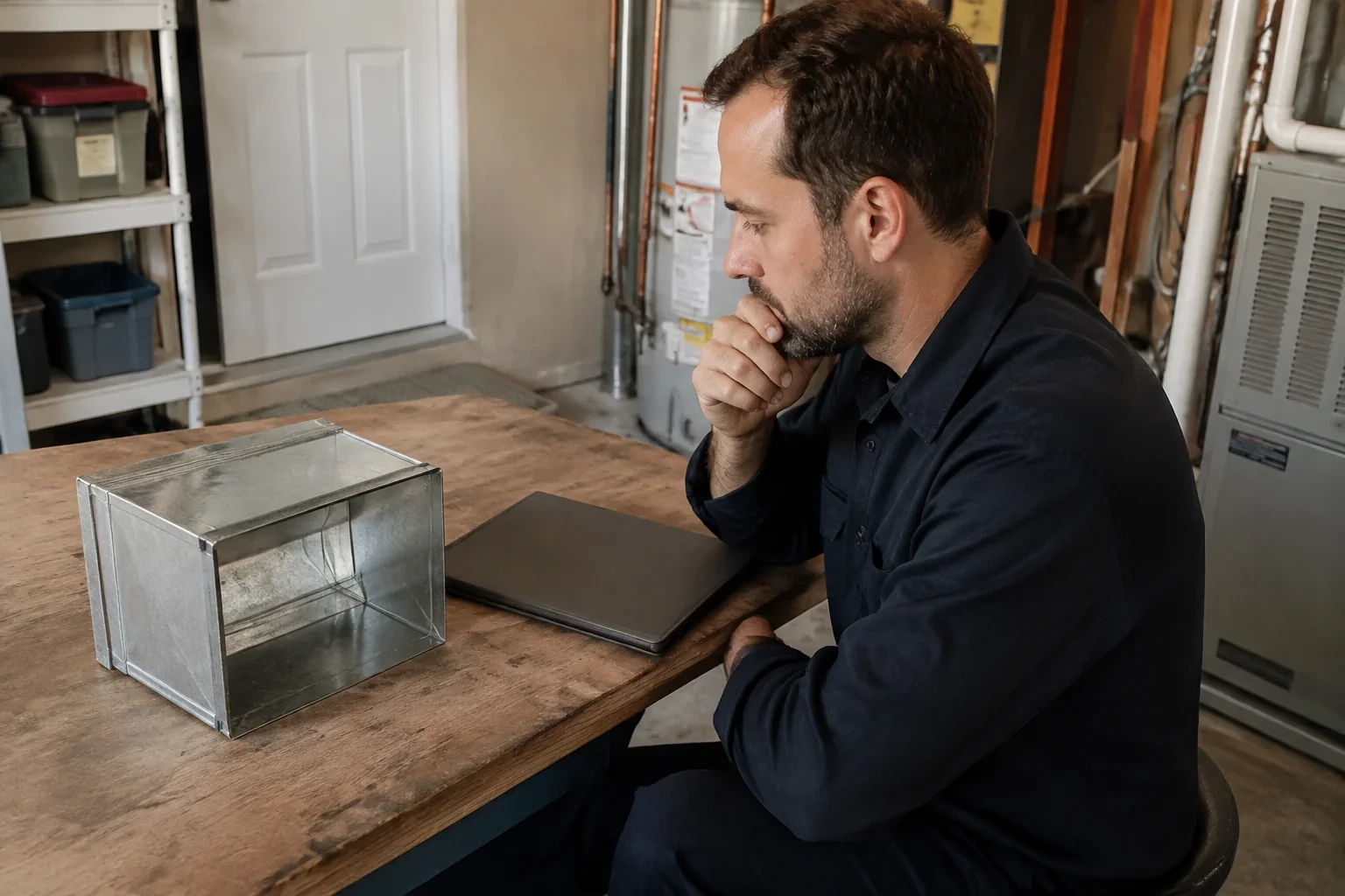 Technician seated beside a detached metal duct sample and closed folder.