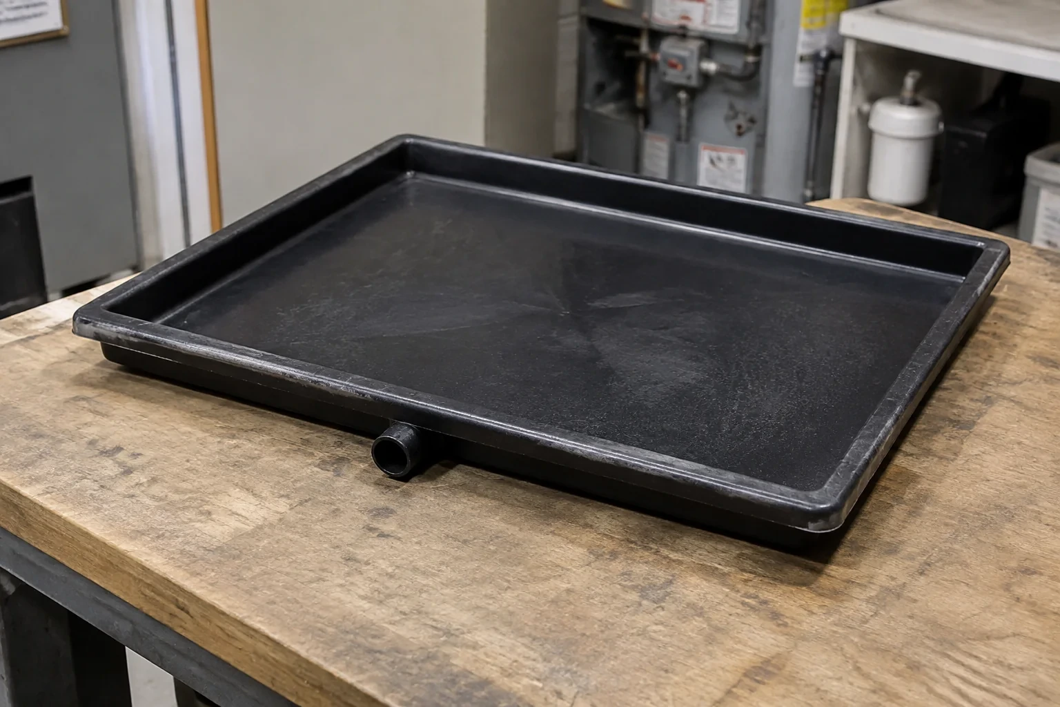 Detached shallow black drain pan with a side outlet on a utility workbench.