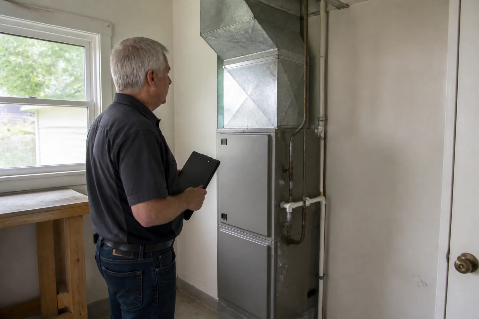 Technician with a clipboard beside a closed HVAC cabinet and metal ductwork.
